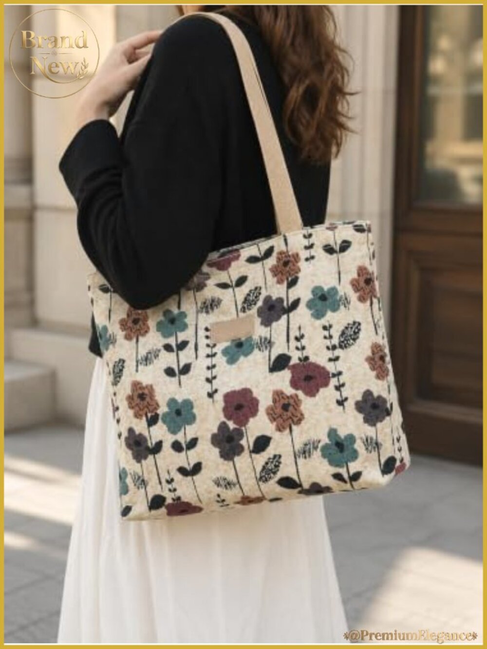 Large Floral Canvas Tote Bag, Vintage Shoulder Shopper Handbag for Travel & Work